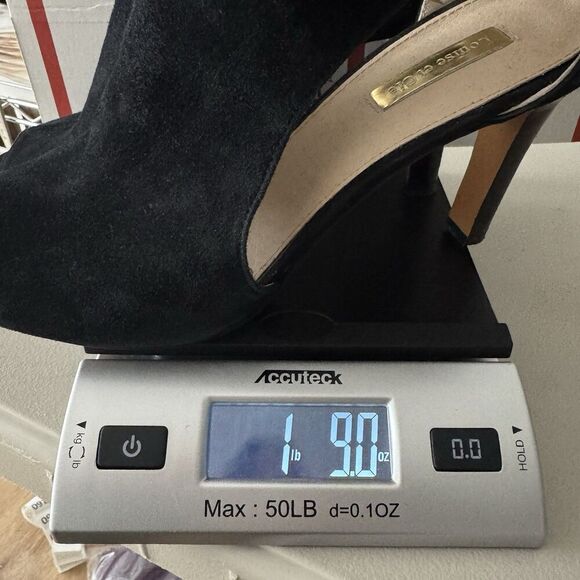 Louise Et Cie Olivia Peep-Toe High Heel Bootie 9 Black Suede Gold Evening Office - Picture 15 of 15